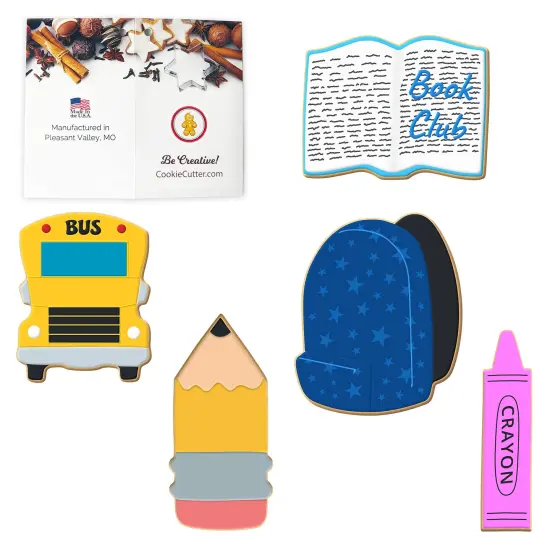 CookieCutter.Com Cookie Cutters 5 Piece Back to School Set 3.75 in Book, 4 in Backpack, 3.5 in School Bus, 4.25 in Crayon, 4.5 in Pencil, USA Made {2}