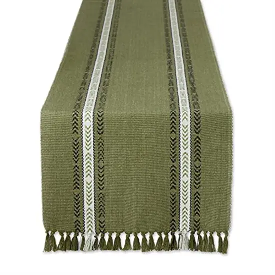 DII Olive Green Dobby Striped Fringe Ribbed Table Runner 14x108 {1}