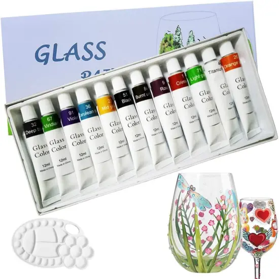 12 Pieces Stained Glass Paint Kit with Palette,Transparent Glass Window Paint Acrylic Paint Set Great for Wine Bottle, Light Bulbs, Ceramic ( 12ml) {2}