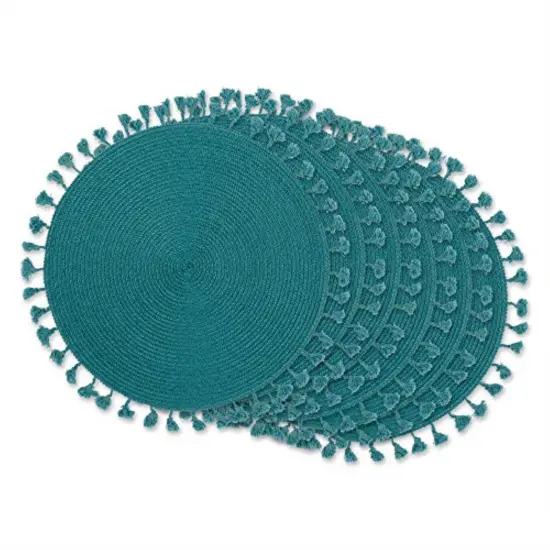 DII Teal Tassel Fringe Pp Woven Round Placemat Set of 6 {1}