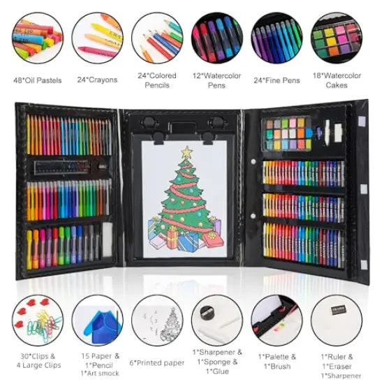 215 Piece Art Set Crafts Drawing Kit with Trifold Easel, Includes Preprinted Paper, Oil Pastels, Crayons, Colored Pencils, Smock & More Gifts for Girls Boys Teen Ages 4-6-8-9-12 {1}