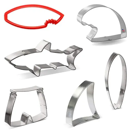CookieCutter.Com - Surfs Up Cookie Cutter 6 Pc Set – 5.75 in Shark, 3.5 in Shark Fin, 5 in Surfboard, 5 in Surfboard with Bite, 3.5 in Swimming Trunks, 4.25 in Wave {4}