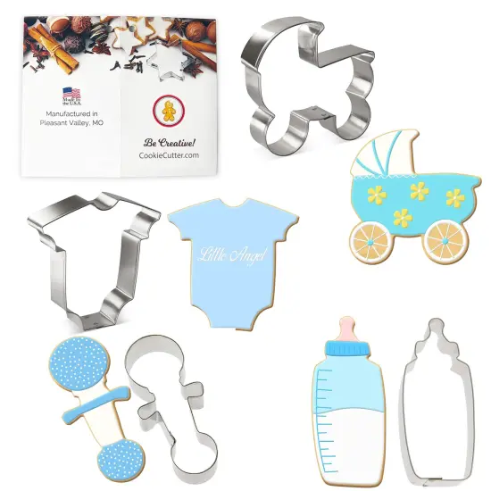 CookieCutter.Com Baby Shower Cookie Cutter 4 Pc Set - 5 in Bottle, 4.25 in Rattle,4 in Body Suit, 4 in Carriage - USA Made Tin Plate Steel {1}