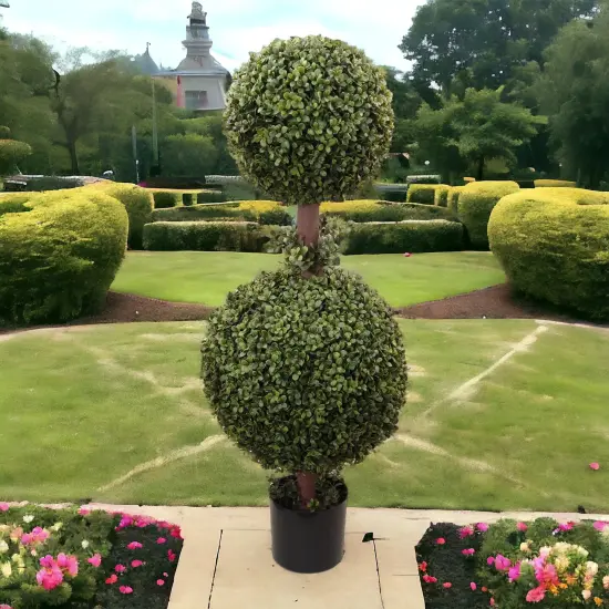 35" Double Boxwood Ball Topiary Tree in Black Pot, Floral Home by Artificial Flowers {4}