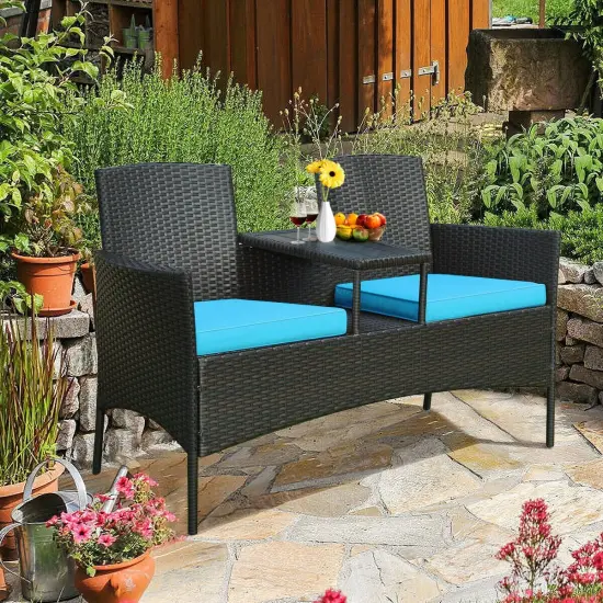 Modern Patio Conversation Set with Built-in Coffee Table and Cushions Turquoise {1}