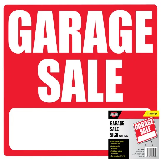 COSCO 2-Sided Sign with Stake, GARAGE SALE, 15" x 19",White Plastic Corrugate with Red Imprint, H-Stake Included {3}