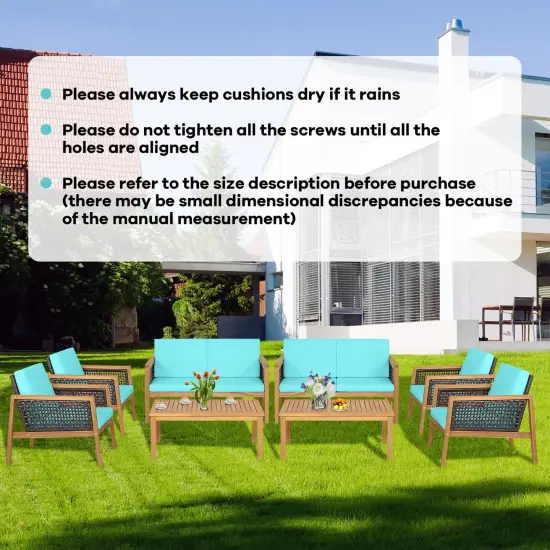 4 Pieces Patio Rattan Furniture Set with Removable Cushions Turquoise {2}