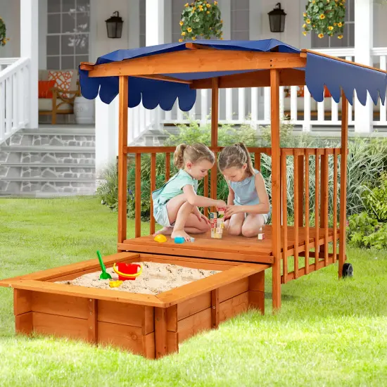 Kids Outdoor Wooden Retractable Sandbox with Cover and Built-in Wheels {3}