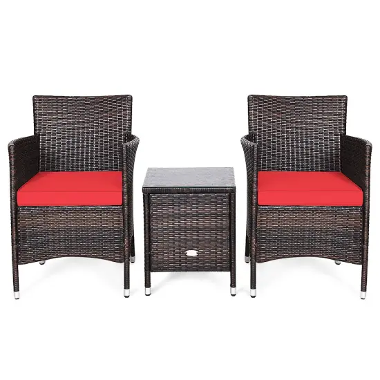 3 Pieces Patio Wicker Rattan Furniture Set with Steel Frame and Polyester Cushions Red {1}