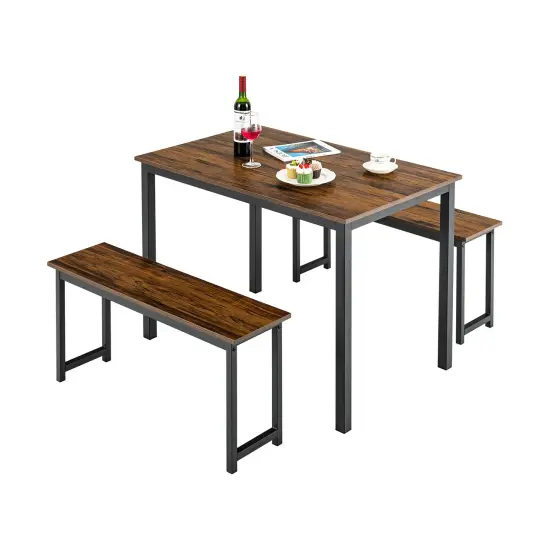 3 Pieces Dining Table Set with 2 Benches for Dining Room Kitchen Bar Brown {3}