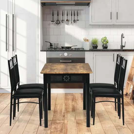 5 Pieces Dining Set Wood Metal Table and 4 Chairs with Cushions Black {2}