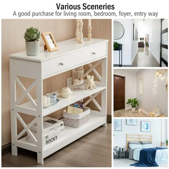 3-Tier Console Table with Drawers for Living Room Entryway White {3}