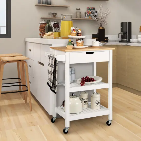 3-Tier Kitchen Island Cart Rolling Service Trolley with Bamboo Top White {6}