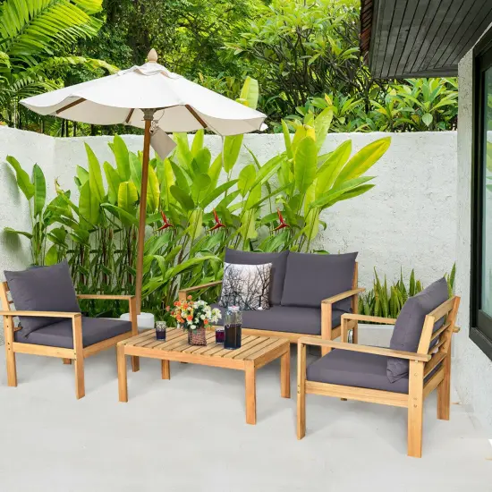 4 Piece Outdoor Acacia Wood Chat Set with Removable Cushions and Table Grey {1}