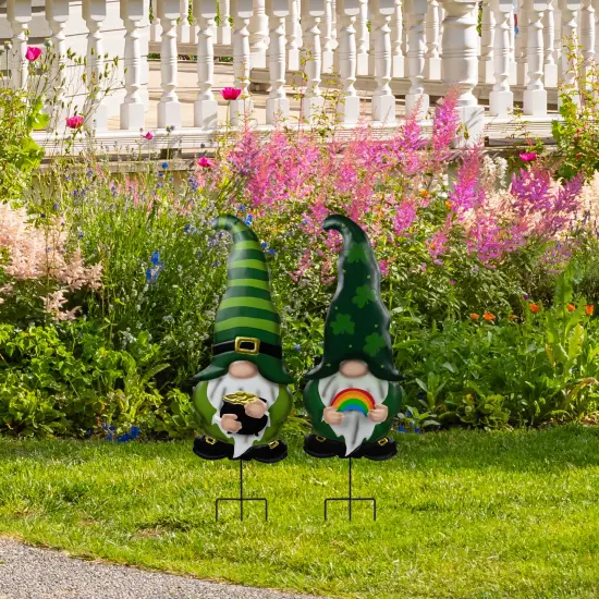 Northlight Pot of Gold and Rainbow St Patrick's Day Gnomes Outdoor Garden Stakes - 27.5" - Set of 2 Green {1}