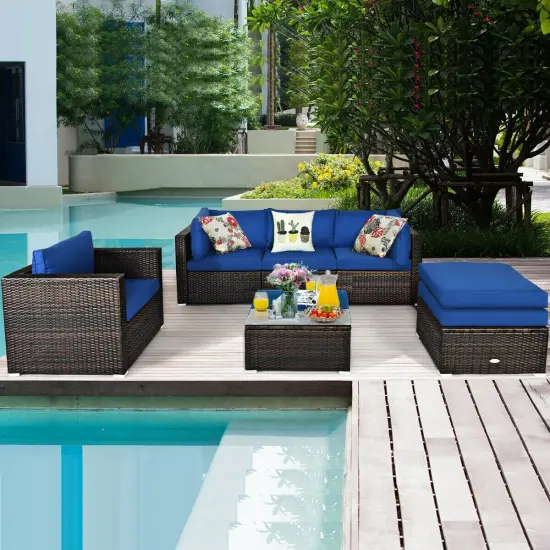 6 Pcs Patio Rattan Furniture Set with Sectional Cushion Blue {1}