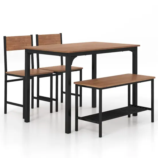 4 Pieces Rustic Dining Table Set with 2 Chairs and Bench Brown {3}