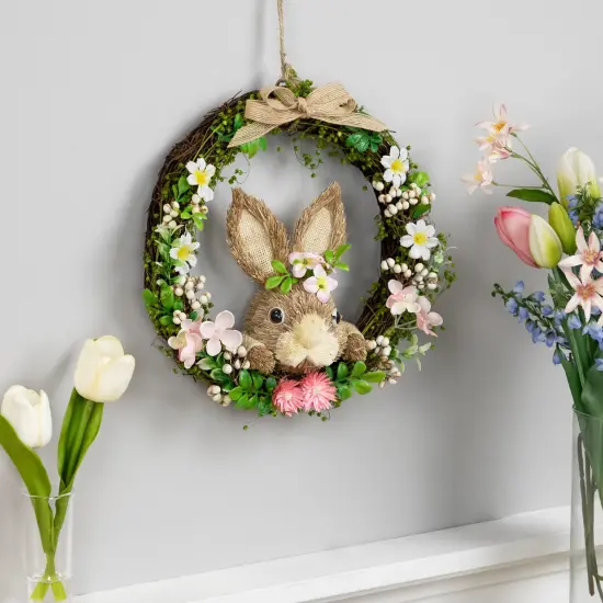 Northlight Spring Floral Easter Wreath with Peering Rabbit - 11" - Green and Pink Brown {4}