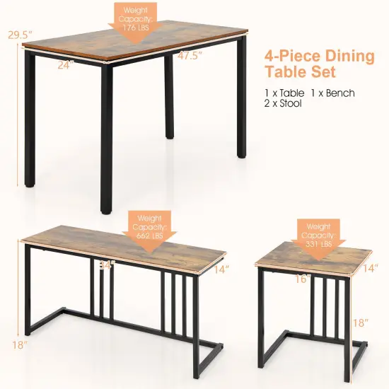 4 Pieces Industrial Dining Table Set with Bench and 2 Stools-Brown {4}