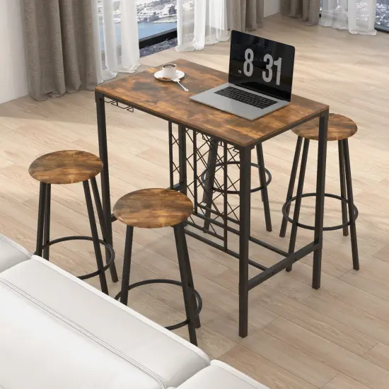 5 Pieces Bar Table and Stools Set with Wine Rack and Glass Holder-Rustic Brown {2}