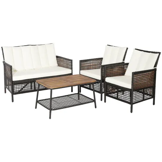 4 Pieces Patio Rattan Furniture Set with 2-Tier Coffee Table-White {1}