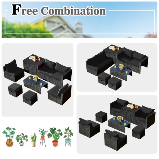 8 Pieces Patio Rattan Storage Table Furniture Set Black {6}
