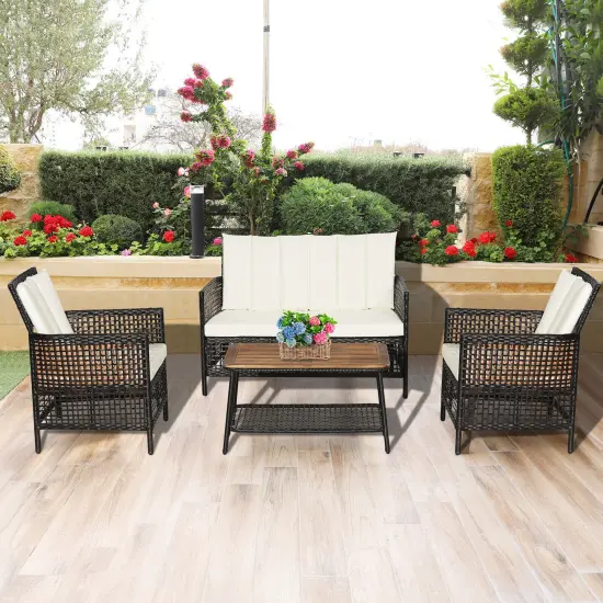 4 Pieces Patio Rattan Furniture Set with 2-Tier Coffee Table-White {6}