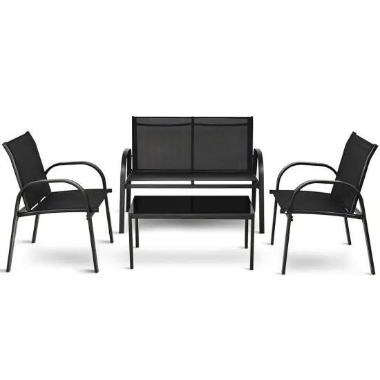 4 Pieces Patio Furniture Set with Glass Top Coffee Table Black {3}