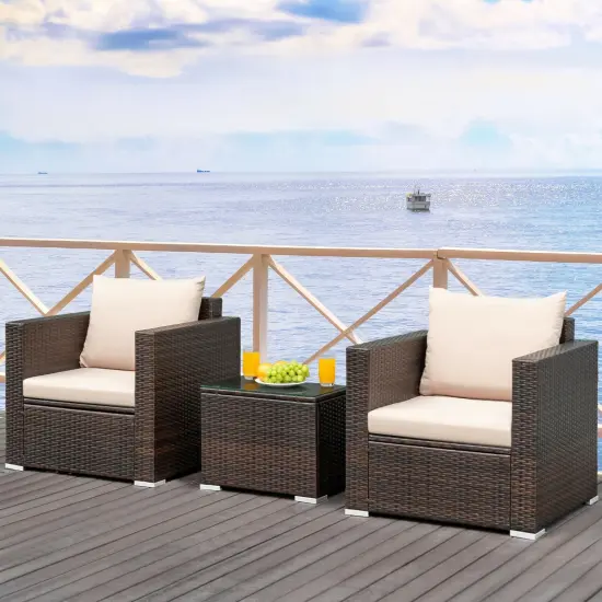 3 Pcs Patio Conversation Rattan Furniture Set with Cushion Beige {6}