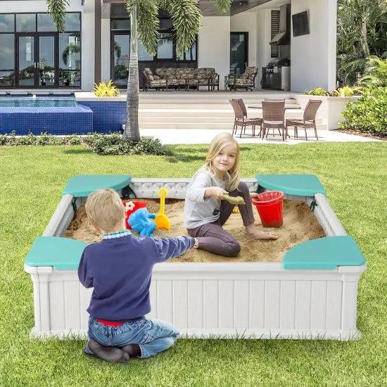 Kids Outdoor Sandbox with Oxford Cover and 4 Corner Seats White {1}