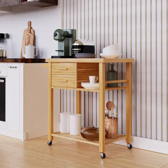 Bamboo Kitchen Trolley Cart with Tower Rack and Drawers {2}