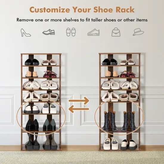 7-Tier Dual 14 Pair Shoe Rack Free Standing Concise Shelves Storage Rustic Brown {3}