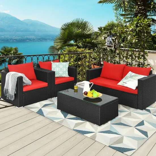 4Pcs Patio Rattan Cushioned Furniture Set Turquoise {7}