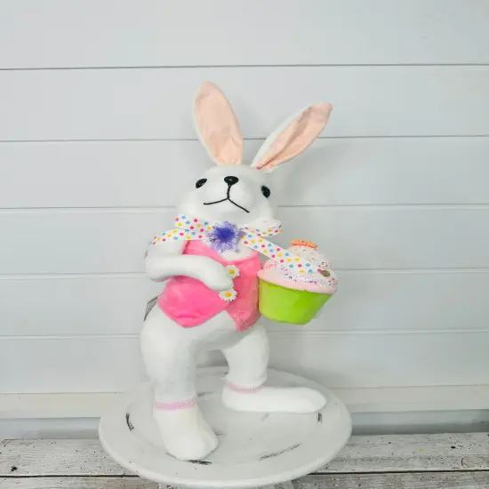 15.25" Set of 2 Styrofoam Standing Bunnies with Cupcake - White and Pastel Spring Decorations- Easter Home Decor (MT26006) {5}