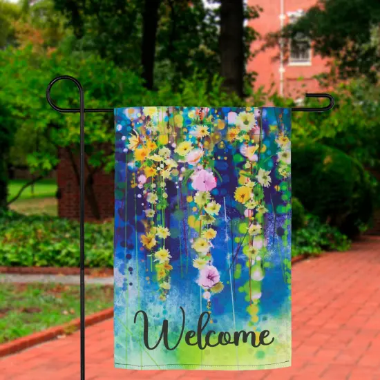 Northlight Watercolor Floral "Welcome" Outdoor Garden Flag 18" x 12.5" Blue {4}