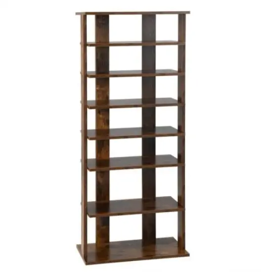 7-Tier Dual 14 Pair Shoe Rack Free Standing Concise Shelves Storage Rustic Brown {1}