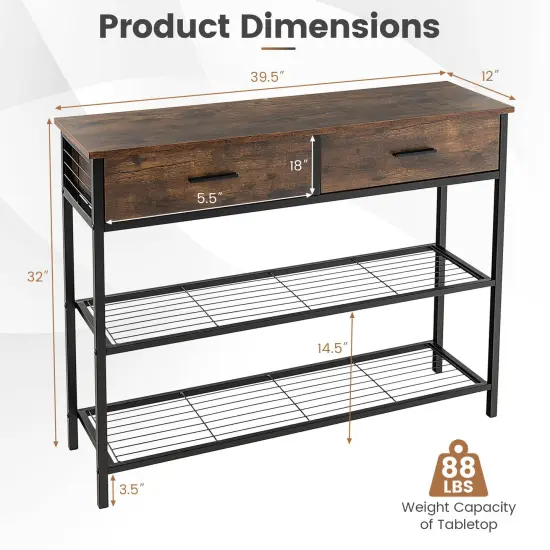 39.5 Inch Entryway Table with 2 Drawers and 2-Tier Shelves Rustic Brown {4}