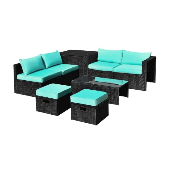 8 Pieces Patio Rattan Storage Table Furniture Set Turquoise {3}