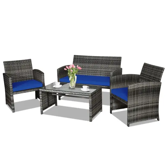 4 Pieces Patio Rattan Furniture Set with Glass Table and Loveseat Navy {4}
