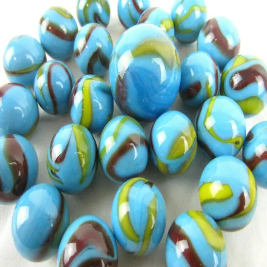 25 Glass Marbles SERPENT Blue/Red/Yellow Shooter vtg style Swirl {3}