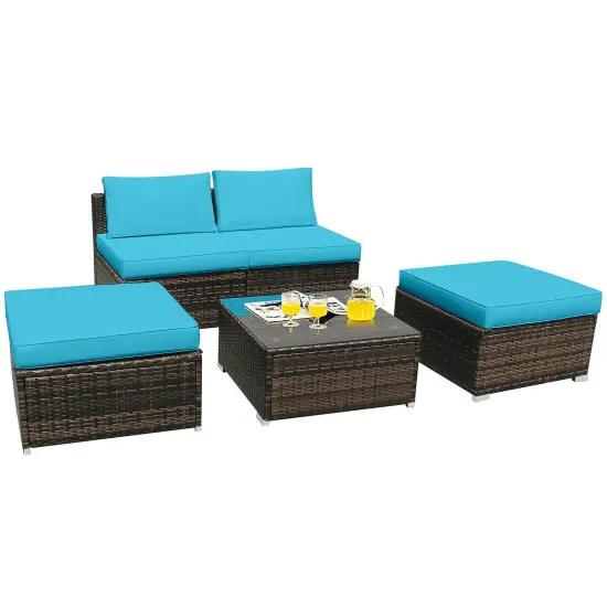5 Pieces Patio Rattan Furniture Set With Cushioned Armless Sofa Turquoise {4}