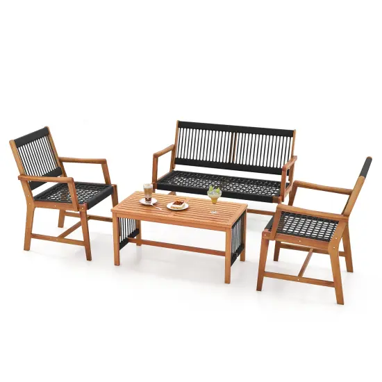 4 Pieces Acacia Wood Patio Conversation Table and Chair Set with Hand Woven Rope {4}