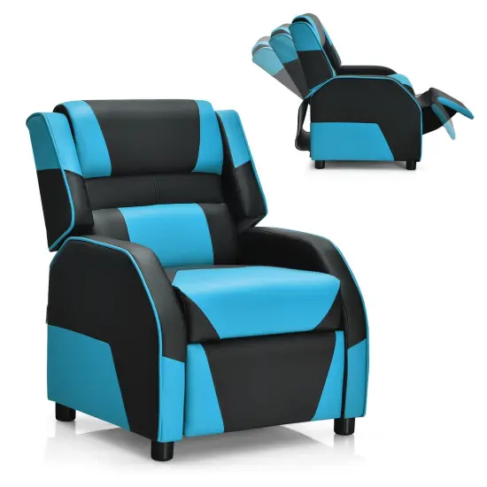Kids Youth PU Leather Gaming Sofa Recliner with Headrest and Footrest Blue {4}