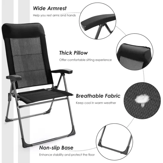 2 Pcs Portable Patio Folding Dining Chairs with Headrest Adjust for Camping -Black {6}