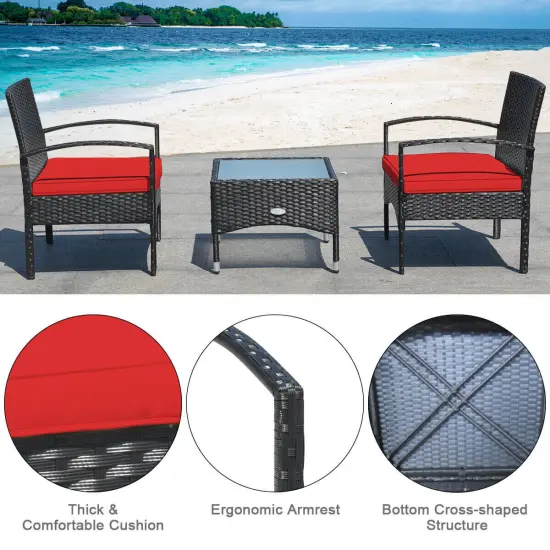 3 Pieces Patio Wicker Rattan Furniture Set with Cushion for Lawn Backyard Red {5}