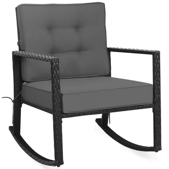 Patio Rattan Rocker Outdoor Glider Rocking Chair Cushion Lawn Grey {1}