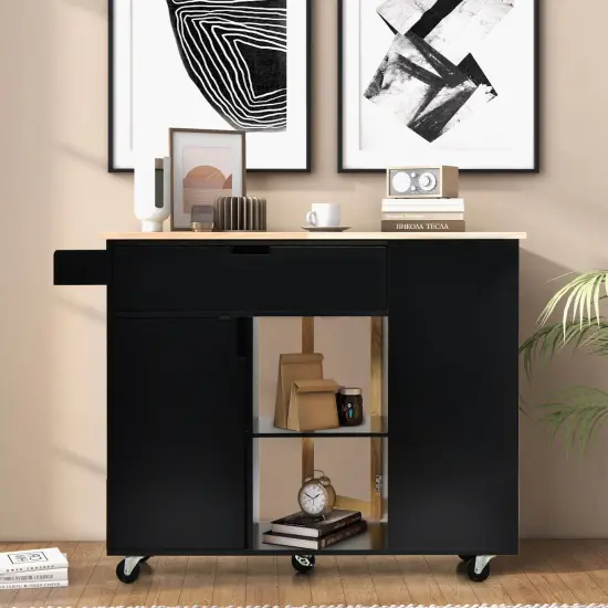 Drop-Leaf Kitchen Island with Rubber Wood Top Black {5}