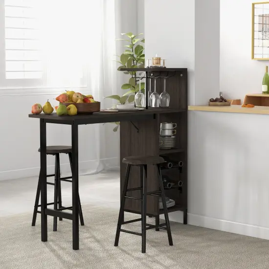 3 Piece Bar Table and Chairs Set with 6-Bottle Wine Rack-Brown {1}