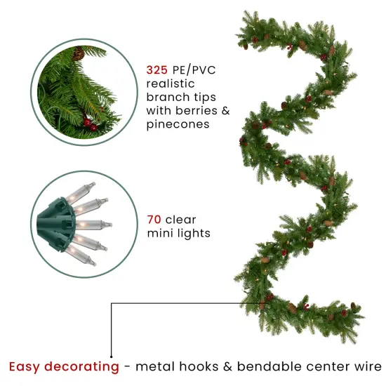 Northlight Real Touch&trade;️ Pre-Lit Mixed Winter Berry Pine Artificial Christmas Garland - 9' x 12" - Clear Lights Green {6}