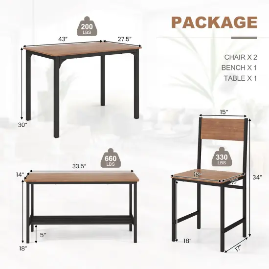 4 Pieces Rustic Dining Table Set with 2 Chairs and Bench Brown {5}